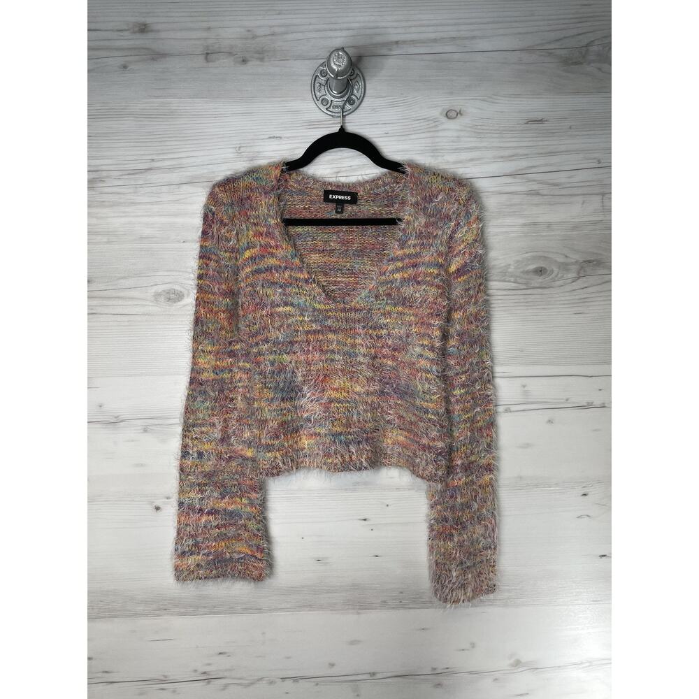 Express Sweater Womens XXS Multicolor Eyelash Knit Fuzzy Cropped V Neck Pullover